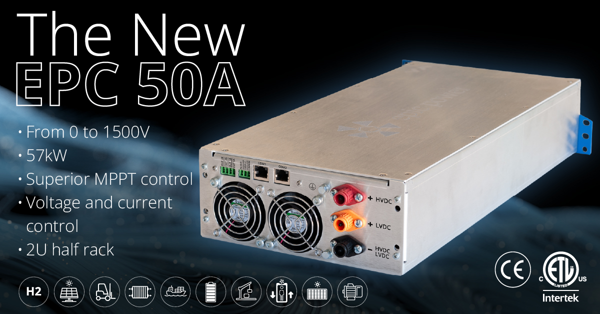 Nuevo convertidor bidireccional DC/DC no aislado EPC 50A de epic power converters. La imagen muestra la parte trasera y especificaciones: From 0 to 1500V, 57kW, Superior MPPT control, Voltage and current control, 2U half rack. CE y UL (ETL).